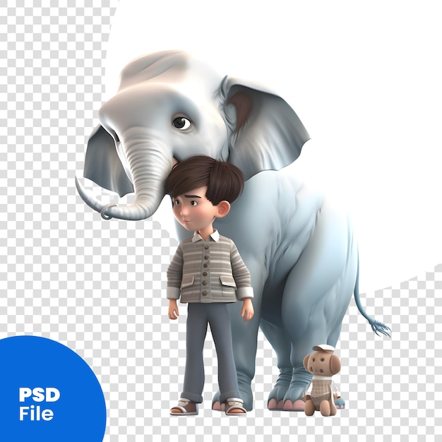 PSD 3d render of a little boy with an elephant on white background psd template