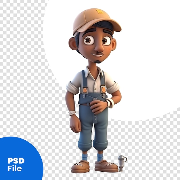 3D-рендеринг маленького мальчика в шляпе механика и PSD-шаблоне комбинезона