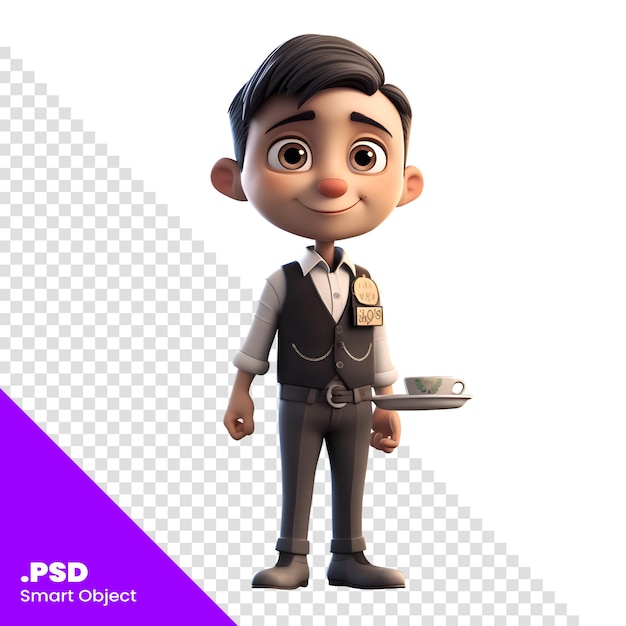 3d render of little boy with platter and clipping path psd template