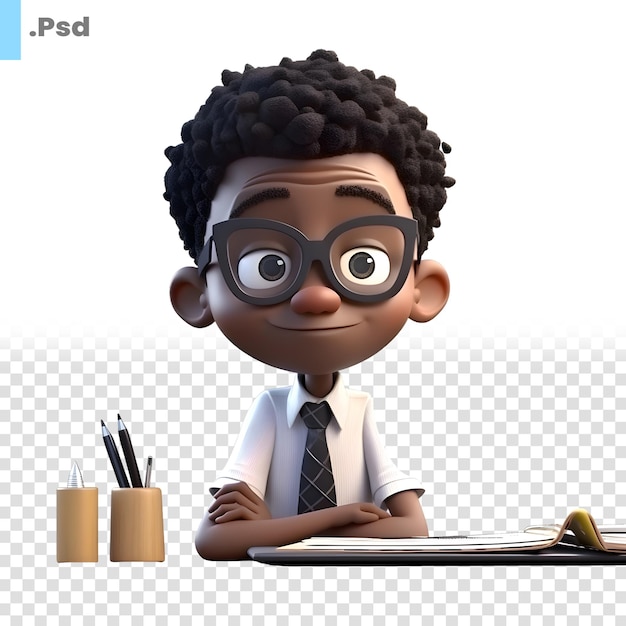 3d render of little businessman with glasses with book and pencil psd template