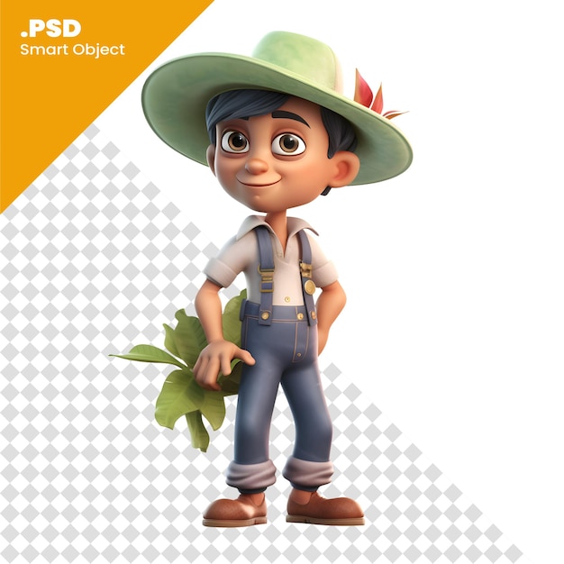 PSD render 3d di little farmer con una foglia verde nella sua mano modello psd