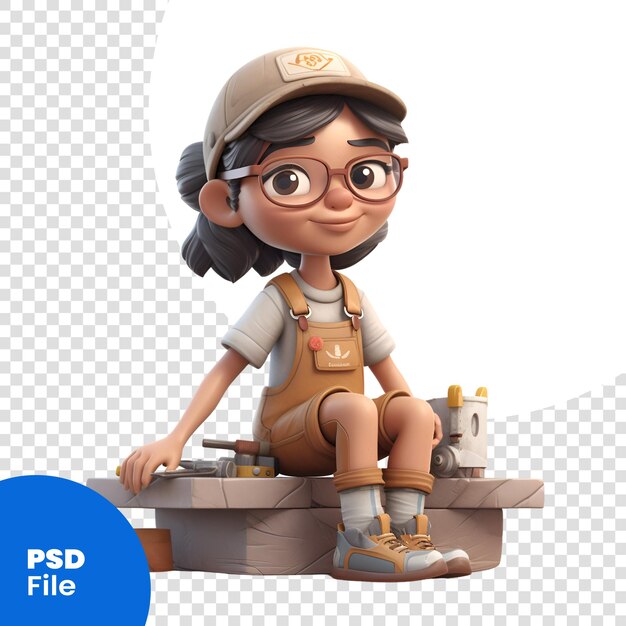 PSD render 3d di una bambina che indossa un grembiule e occhiali modello psd