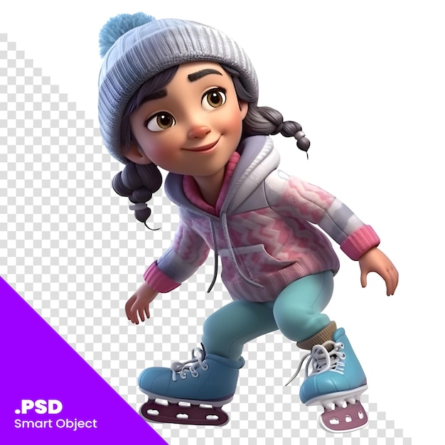 3d render of little girl with ice skates on white background psd template