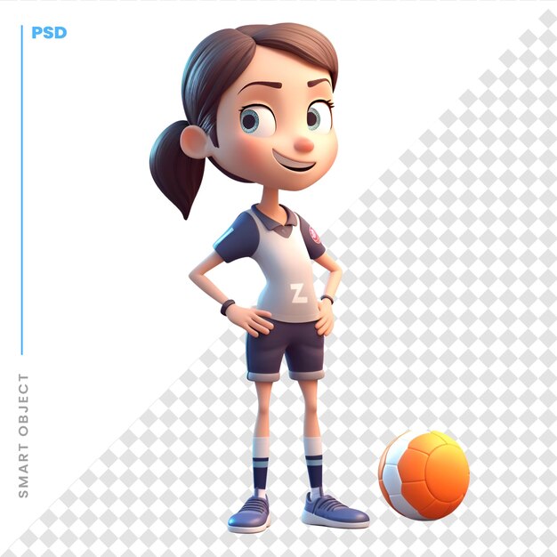 PSD rendering 3d di una bambina con pallone da calcio isolato su sfondo bianco