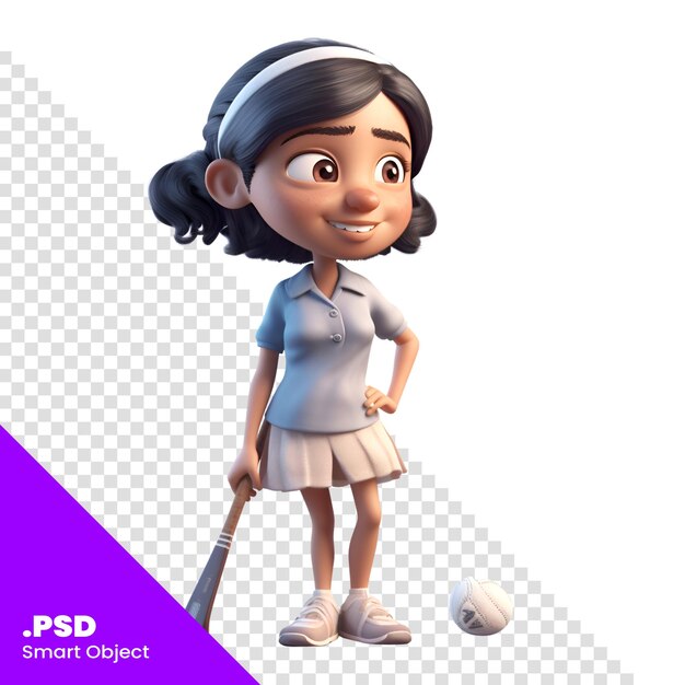 PSD 3d render of a little girl with a tennis racket and ball psd template