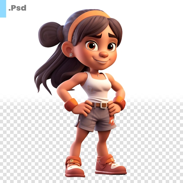 PSD 3d render of a little girl with a tool belt on white background psd template