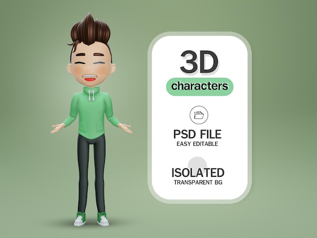 3d render little happy boy showing a gesture with two hands at empty copy space white background