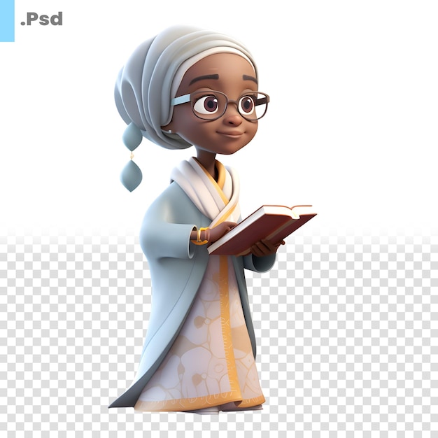 3d render of a little muslim girl with ramadan kareem book psd template