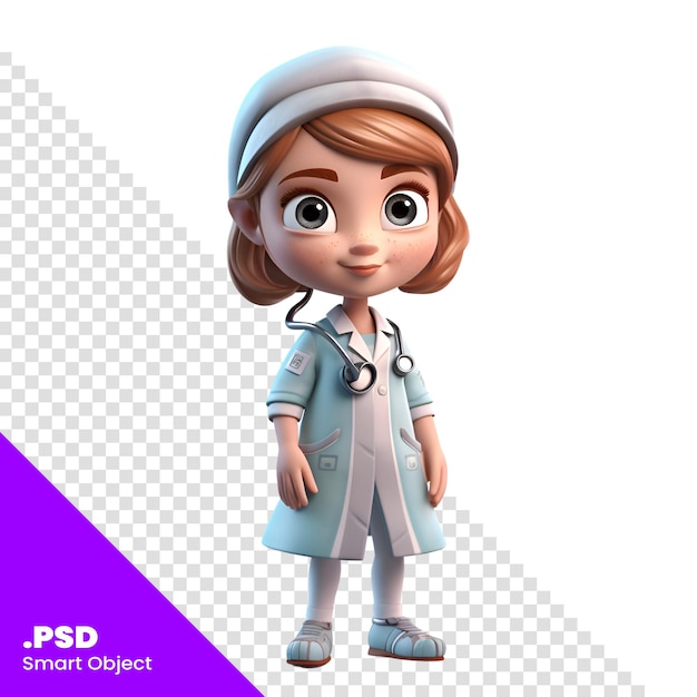 PSD 3d render of little nurse with stethoscope and cap on white background psd template