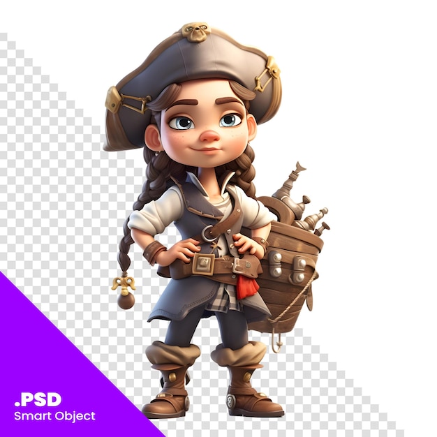 PSD rendering 3d di una piccola ragazza pirata su sfondo bianco con tracciato di ritaglio modello psd