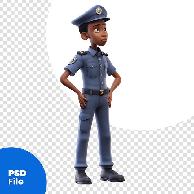 PSD render 3d di un piccolo poliziotto su sfondo bianco con modello psd ombra