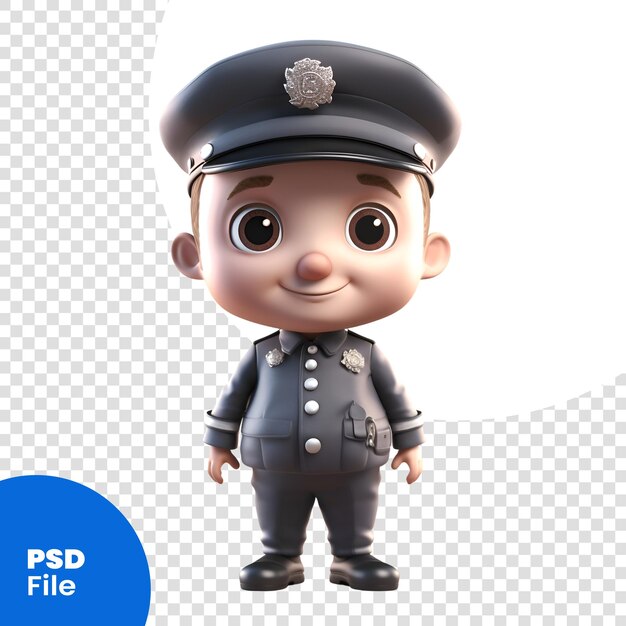 PSD render 3d di un piccolo poliziotto con berretto e uniforme con modello psd di percorso di ritaglio