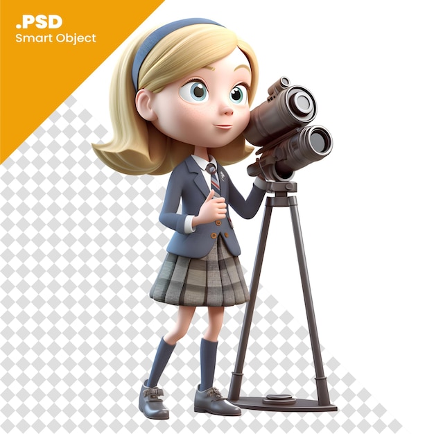PSD render 3d di little schoolgirl con telescopio modello psd a sfondo bianco isolato