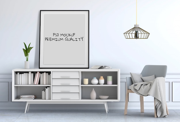 3D render of living Interior room mockup blank poster.