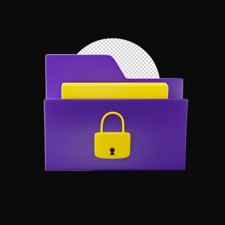 PSD 3d render of lock folder yellow and purple icon against black background