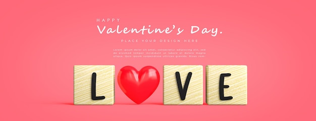 PSD 3d render of love cube wooden with heart and valentine's concept on purple background.