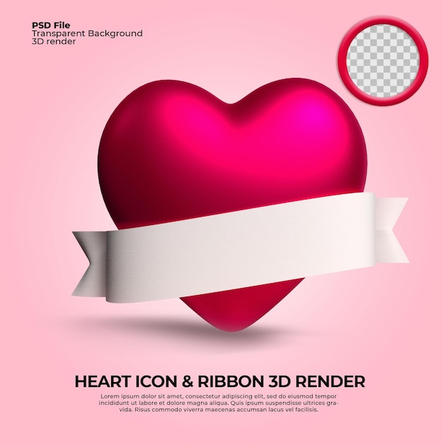 3D render love icon png with ribbon element