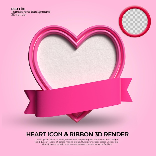 3d render love icon png with ribbon element