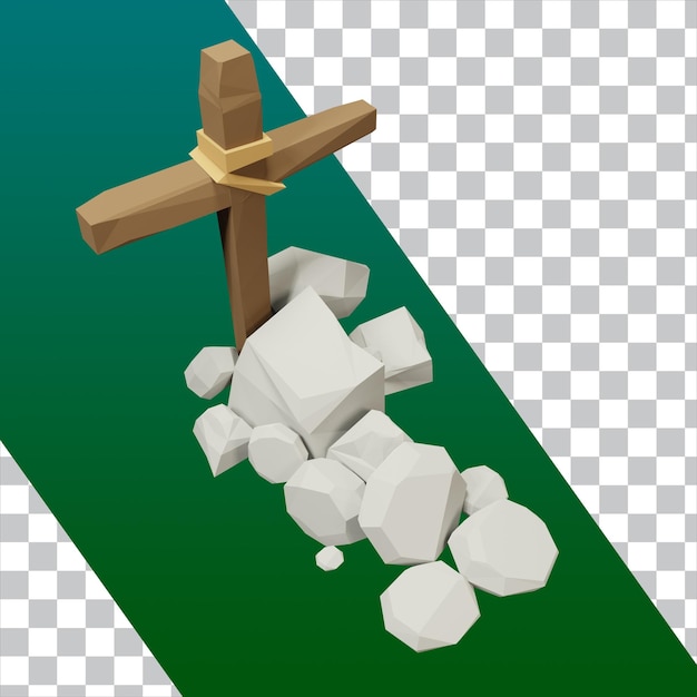 PSD 3d render low poly wooden grave headstone