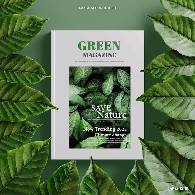 PSD 3d render of magazine or book with tropical plant for product display.