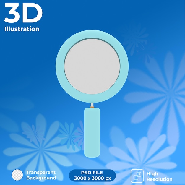 PSD vista frontale della lente d'ingrandimento del rendering 3d