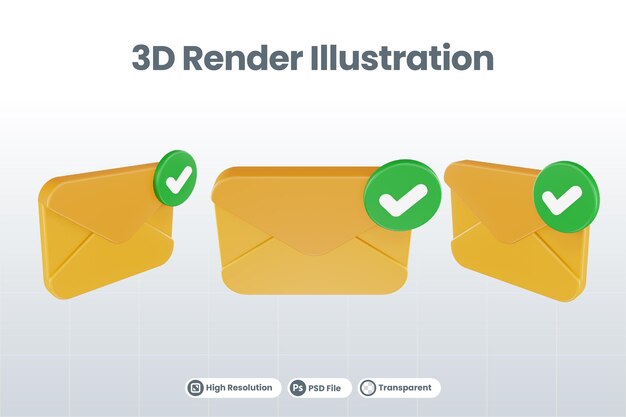 オレンジ色のメールと緑色のチェックが付いた3dレンダリングメールチェックアイコン