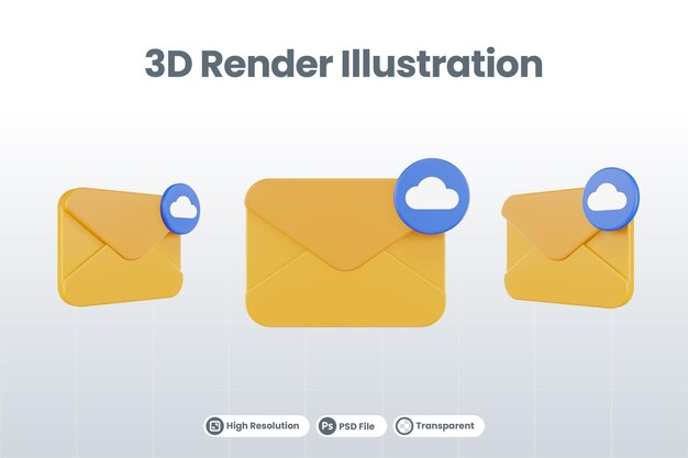주황색 메일과 파란색 구름이 있는 3d 렌더링 메일 구름 아이콘
