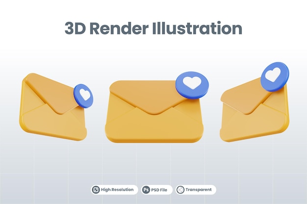 3d render mail favorite icon with orange mail and blue favorite