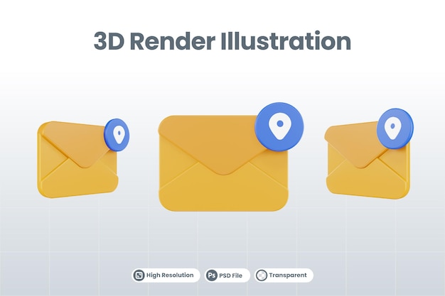 3d render mail location icon with orange mail and blue location