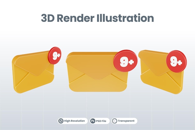 PSD 3d render mail nine plus notification icon with orange mail and red nine plus notification