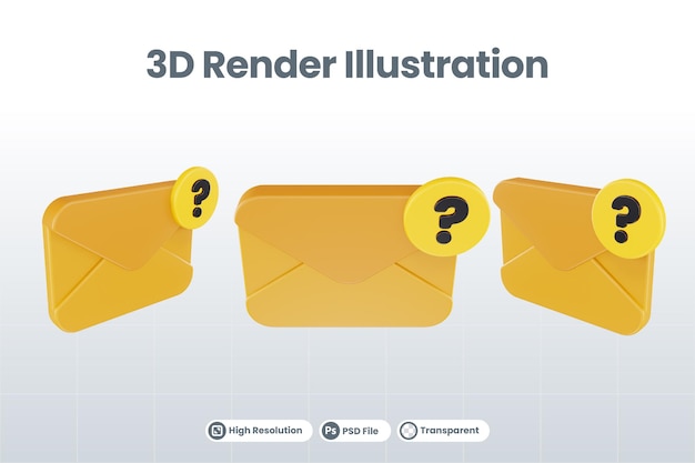 3d render mail question mark icon with orange mail and yellow question mark