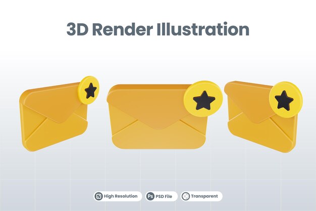 3d render mail star icon with orange mail and yellow star