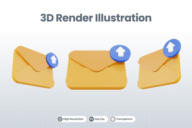 3d render mail upload icoon met oranje mail en blauwe upload