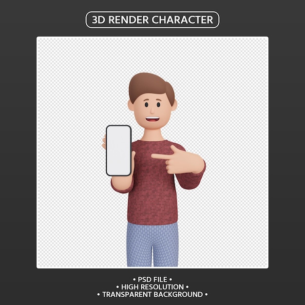 PSD 스마트폰을 가리키는 3d 렌더링 남성 캐릭터