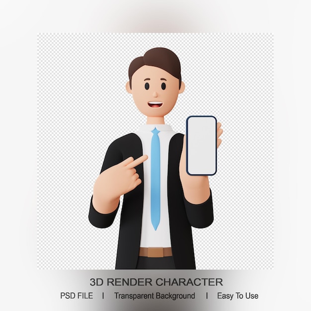 3d render male character pointing up smartphone