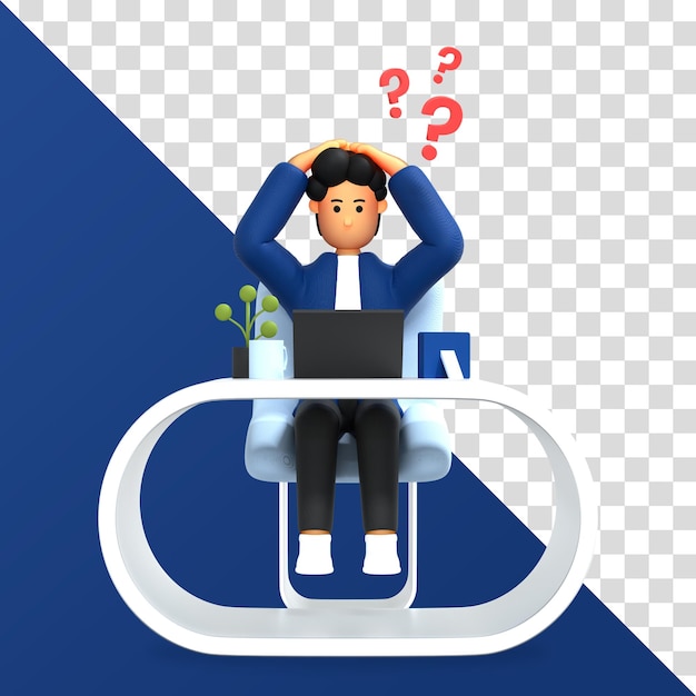컴퓨터를 사용하고 창의적으로 생각하는 남성 캐릭터의 3d 렌더링 3d 일러스트레이션 Premium Psd