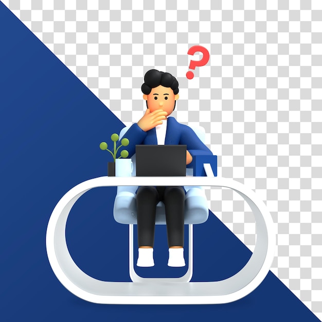 컴퓨터를 사용하고 창의적으로 생각하는 남성 캐릭터의 3d 렌더링 3d 일러스트레이션 Premium Psd