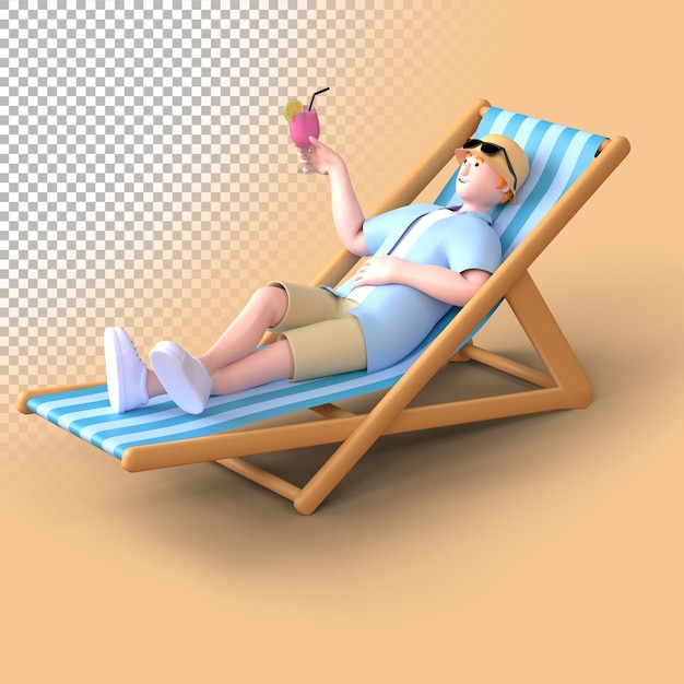 3D render 男子游客躺在木制海椅上,手里拿着水果汁的玻璃杯