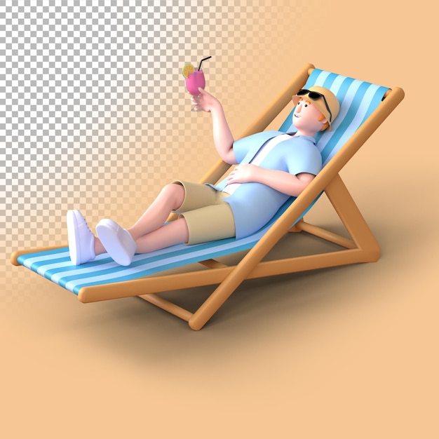 PSD rendering 3d turista maschio che tiene un bicchiere di succo di frutta mentre si posa su una sedia da spiaggia in legno