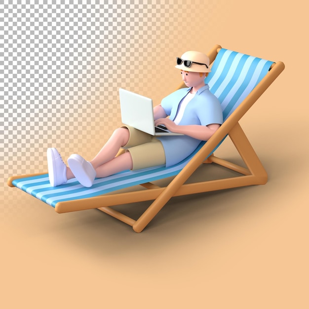 PSD 3d render male tourist using laptop while laying on beach chair