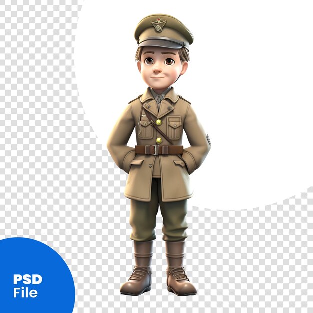 PSD 3d render małego chłopca w kostiumie wojskowym ii wojny światowej wyizolowany na białym tle szablon psd