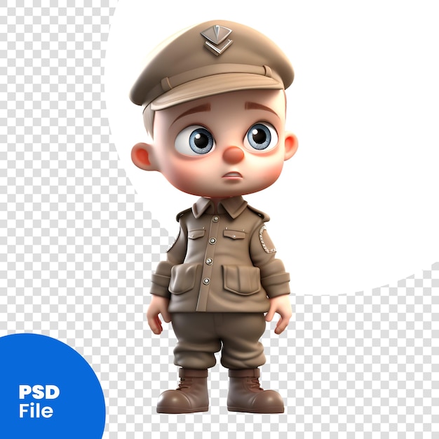 PSD 3d render małego chłopca z kapeluszem wojskowym i beretem z białym tłem szablon psd
