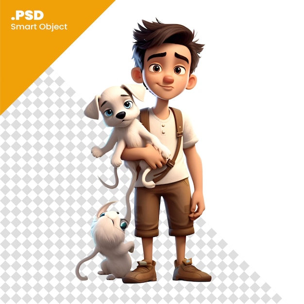 PSD 3d render małego chłopca z psem i kotem izolowany na białym tle szablon psd