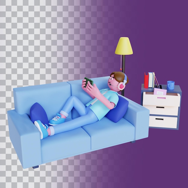 3d render man relax on sofa and playing game