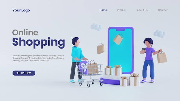 3d render uomo con carrello e personaggio donna online shopping concept landing page template psd