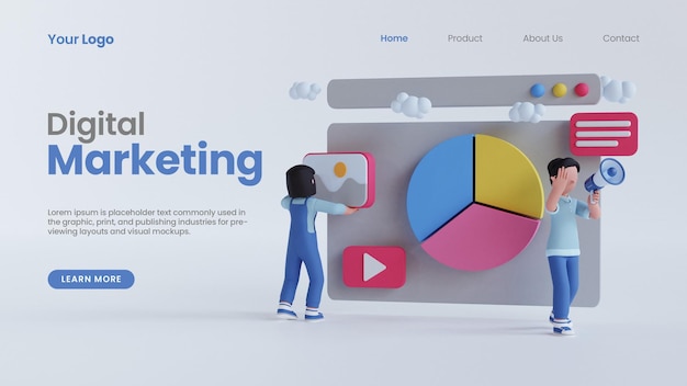 3d render man woman pie chart screen character digital marketing concept landing page psd template