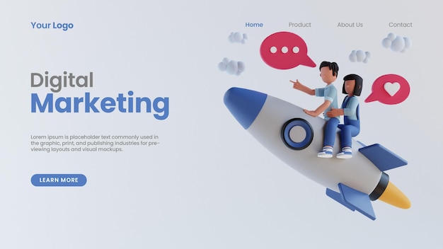 PSD 3d render man and woman ride 3d rocket online digital marketing concept landing page psd template