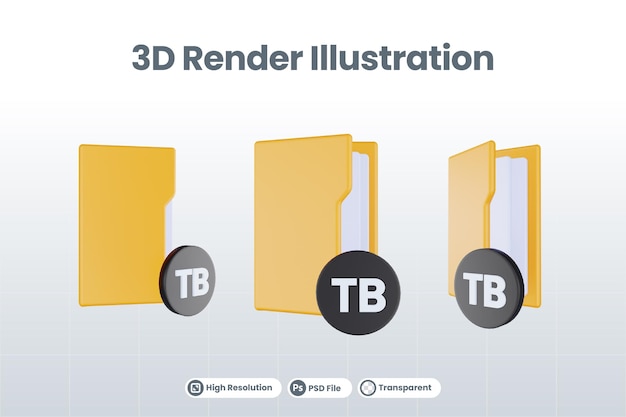 PSD 3d render map terabyte icoon met oranje bestandsmap en zwarte terabyte