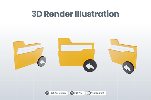 PSD 3d render map vorig pictogram met oranje bestandsmap en zwarte vorige