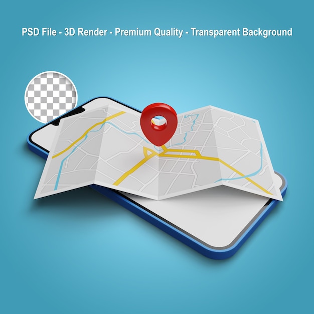 3D render map with location pin on a smartphone